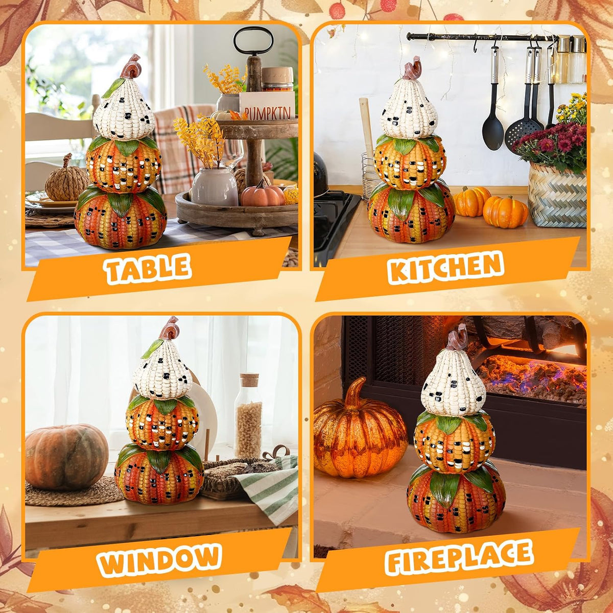 Fall Decorations for Home, Artificial Corn Decorative Pumpkins Figurines | 14'' Fall Stacked Pumpkin Decor, Resin Farmhouse Autumn Table Centerpieces for Thanksgiving Halloween Living Room Indoor