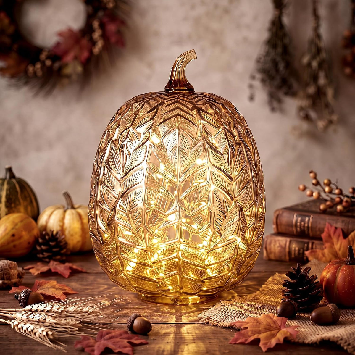 Anglechic Fall Glass Pumpkin Light up with Timer, Gourd, 5.7 x 8.9 in | LED Pumpkin Fall Decoration for Home Mantel, Autumn Thanksgiving Night Lights, Rustic Decor Lamp Table Centerpiece Decoration