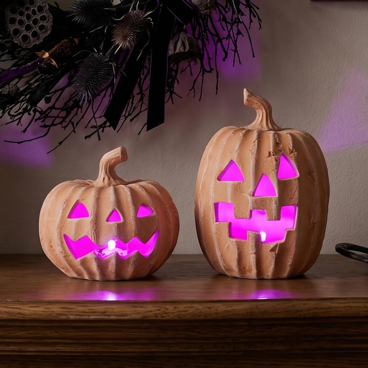 FESTGLOX Light Up Black Jack O Lantern Pumpkins for Indoor Halloween Decor | 2Pcs Resin Halloween Pumpkins with Gold Lines, Small LED Pumpkins with Purple Light for Spooky Table Decor (Battery Operated)