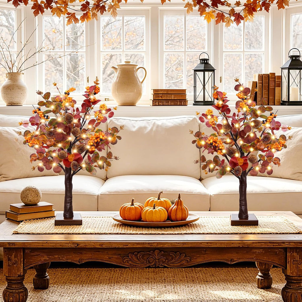 TURNMEON Fall Decor 2 Pack 18 Inch Tabletop Prelit Fall Trees 48 LED Timer | Fall Decorations for Home, Battery Operated, Maple Tree 288 Eucalyptus Leafed 12 Acorns Berried, Thanksgiving Table Decor