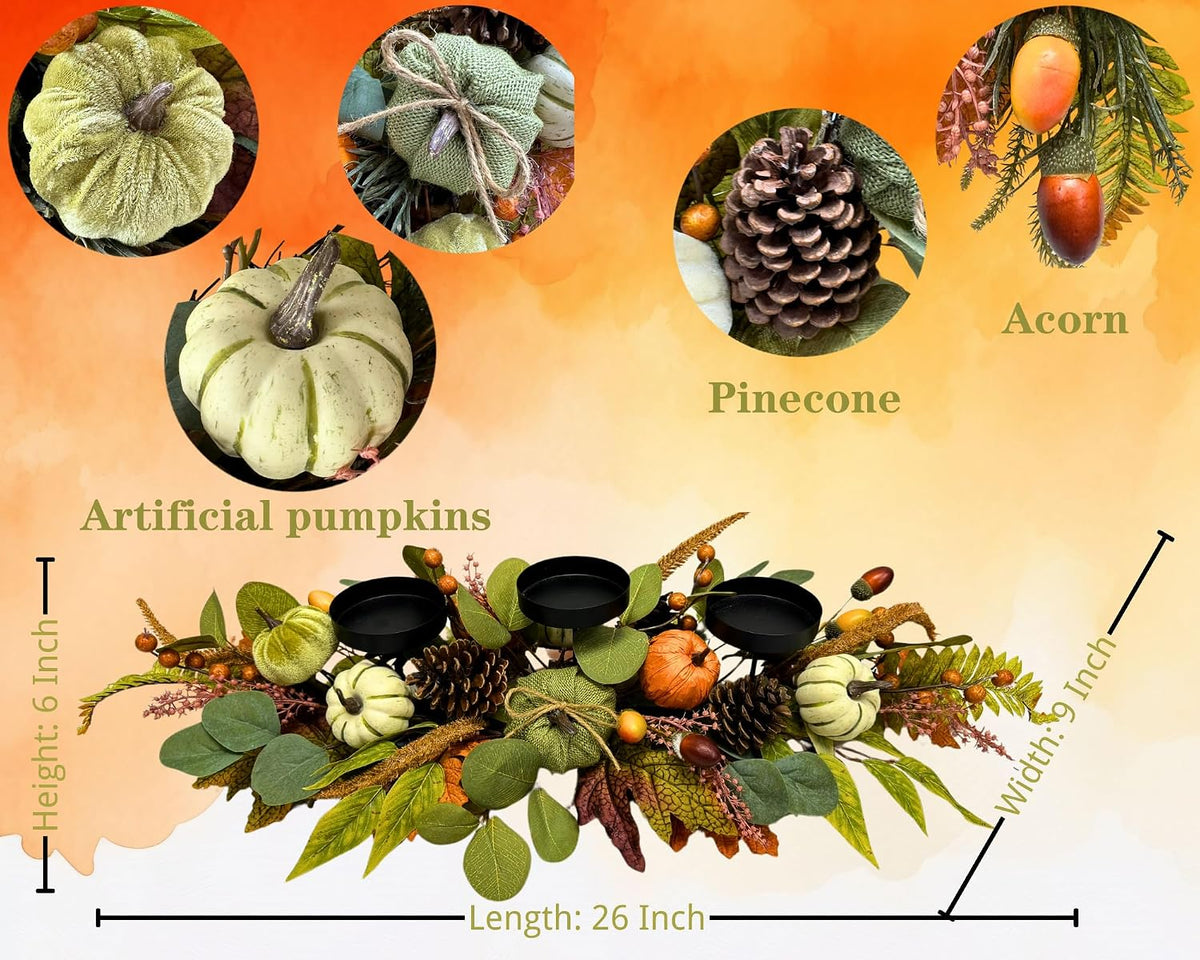 Svndlyn 26 Inch Fall Candle Holder Centerpiece with Pumpkins Pinecones | Three Black Candle Cups with Eucalyptus Leaves, Acorn and Berry Accents for Fall, Harvest and Thanksgiving Decor