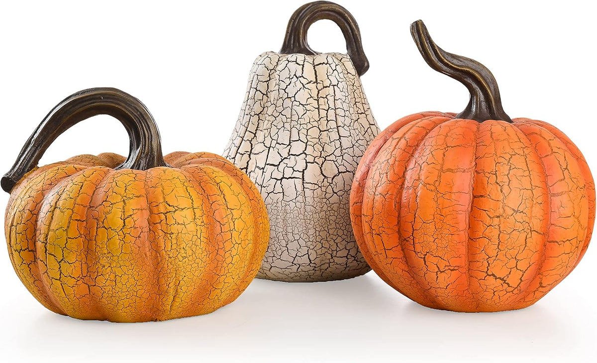 Valery Madelyn Fall Pumpkin Table Decor Cracked Pumpkin Figurine Fall Decoration for Home, 3pcs Resin Autumn Harvest Thanksgiving Halloween Party Tabletop Centerpieces, 6.7 inch