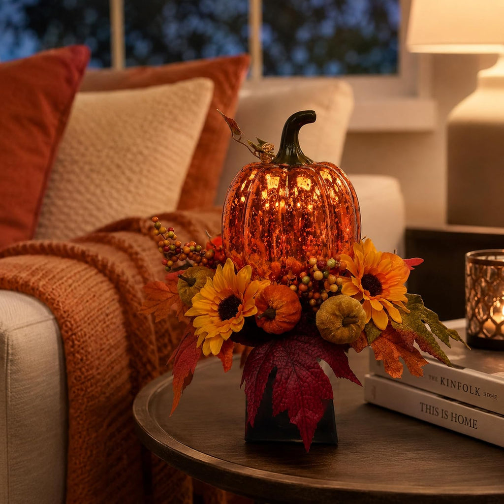 Svndlyn 15 Inch Lighted Fall Pumpkin Arrangement with Pumpkin, Daisies | 15 LEDs with Mercury Glass-Style Pumpkin, Mini Pumpkins, Maple Leaves and Berry Clusters for Fall Thanksgiving Harvest Decor