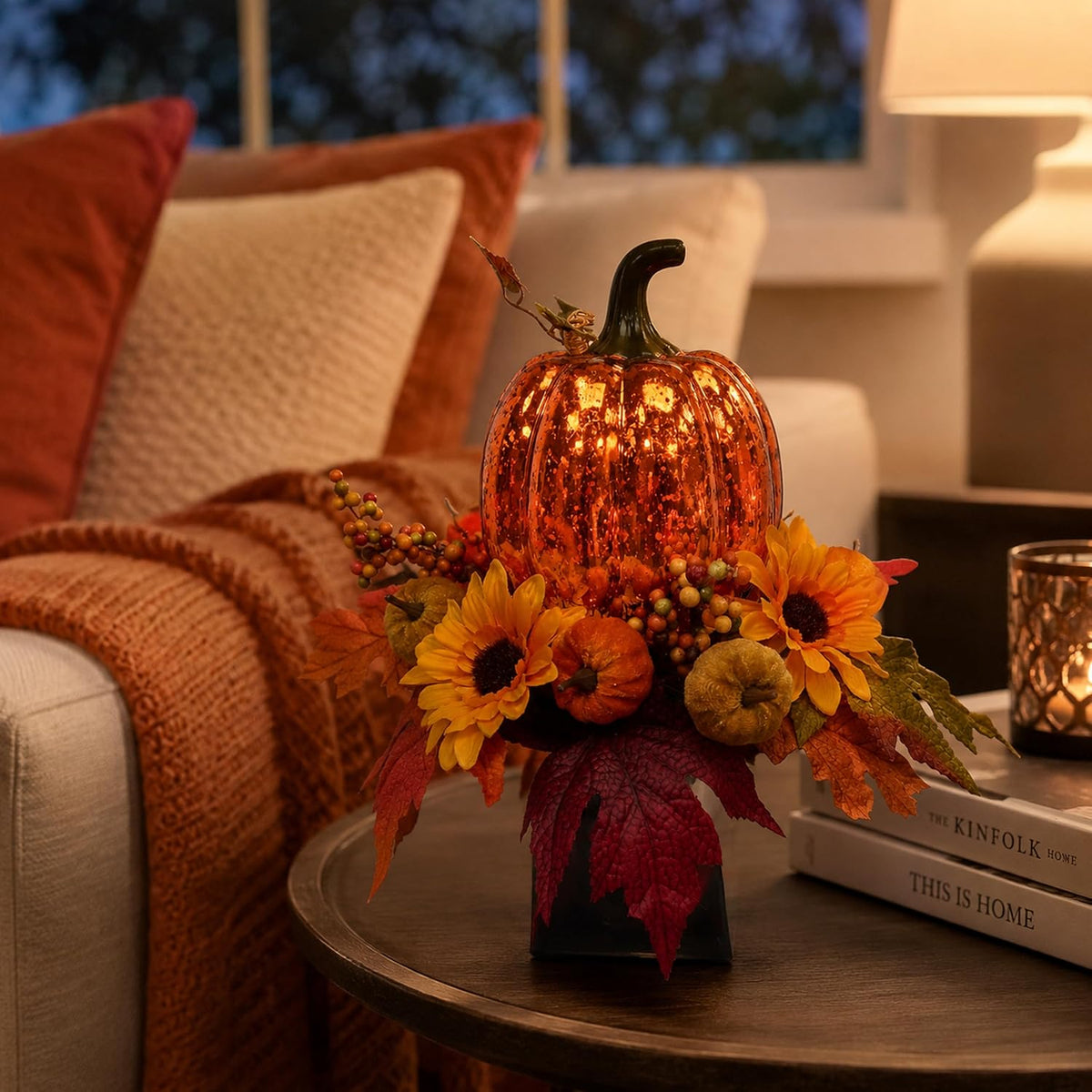 Svndlyn 15 Inch Lighted Fall Pumpkin Arrangement with Pumpkin, Daisies | 15 LEDs with Mercury Glass-Style Pumpkin, Mini Pumpkins, Maple Leaves and Berry Clusters for Fall Thanksgiving Harvest Decor