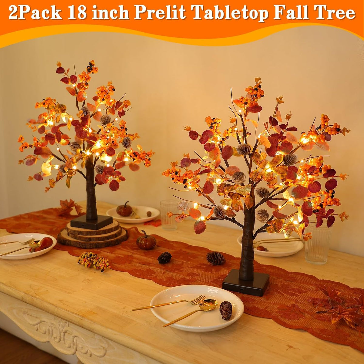 TURNMEON Fall Decor 2 Pack 18 Inch Tabletop Prelit Fall Trees 48 LED Timer | Fall Decorations for Home, Battery Operated, Maple Tree 288 Eucalyptus Leafed 12 Acorns Berried, Thanksgiving Table Decor