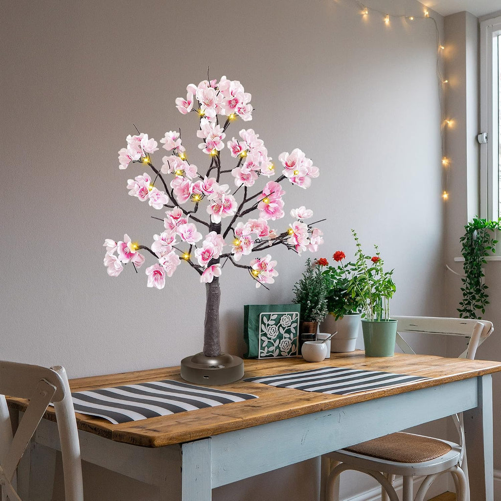 JOINTWIN Cherry Blossom Tree Light 24 Led Pink Flower Artificial Tabletop Tree Battery and USB Operated 8 Lighting Modes with Timer Function for Spring Home Decoration(Warm White)