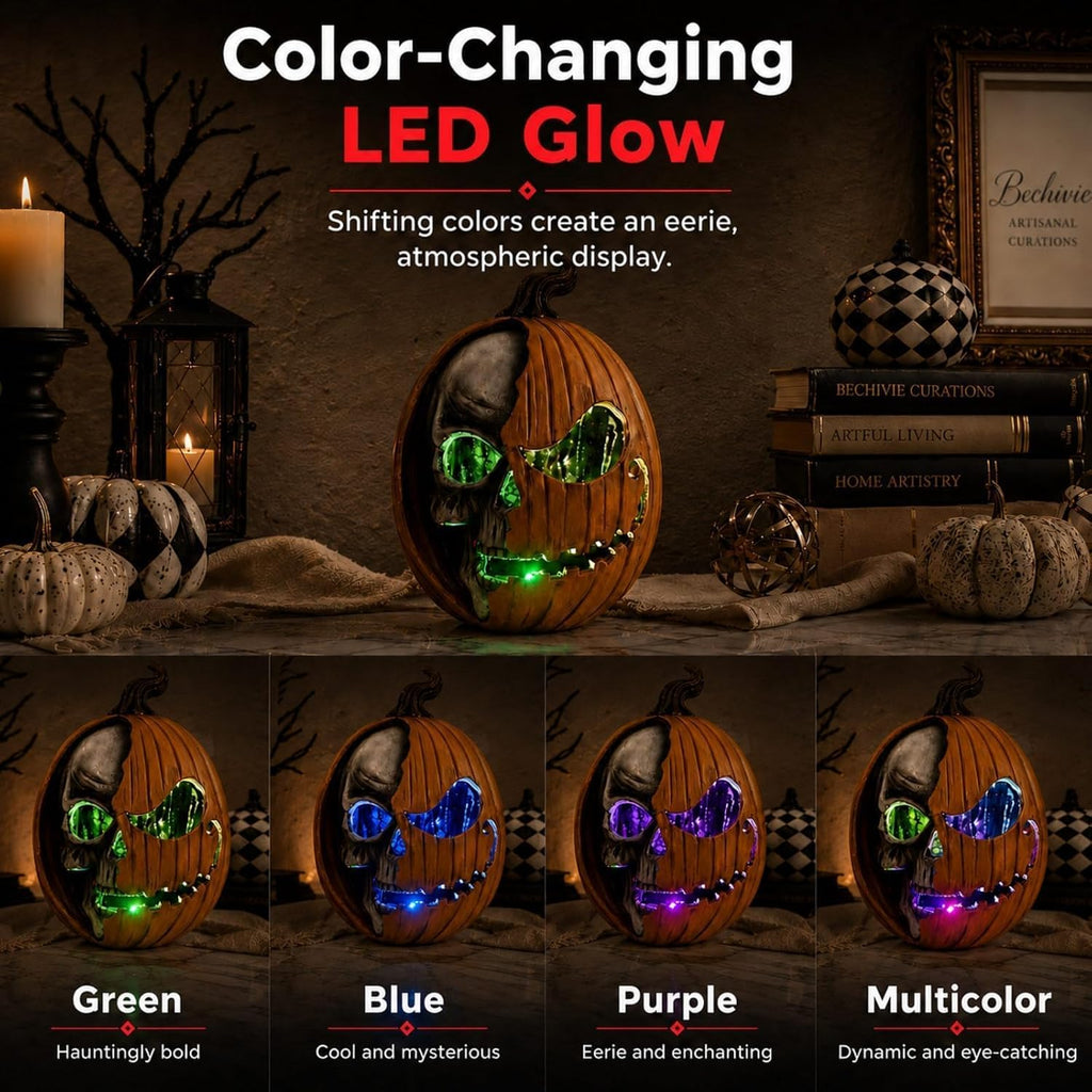 Led Light Up Jack O Lantern, Pumpkin Skull Halloween Decorations for Home | 11 Large Lighted Resin Scary Skeleton Head Figurine, Spooky Decor for Outdoor Front Porch Door, Indoor Table Top, Mantle