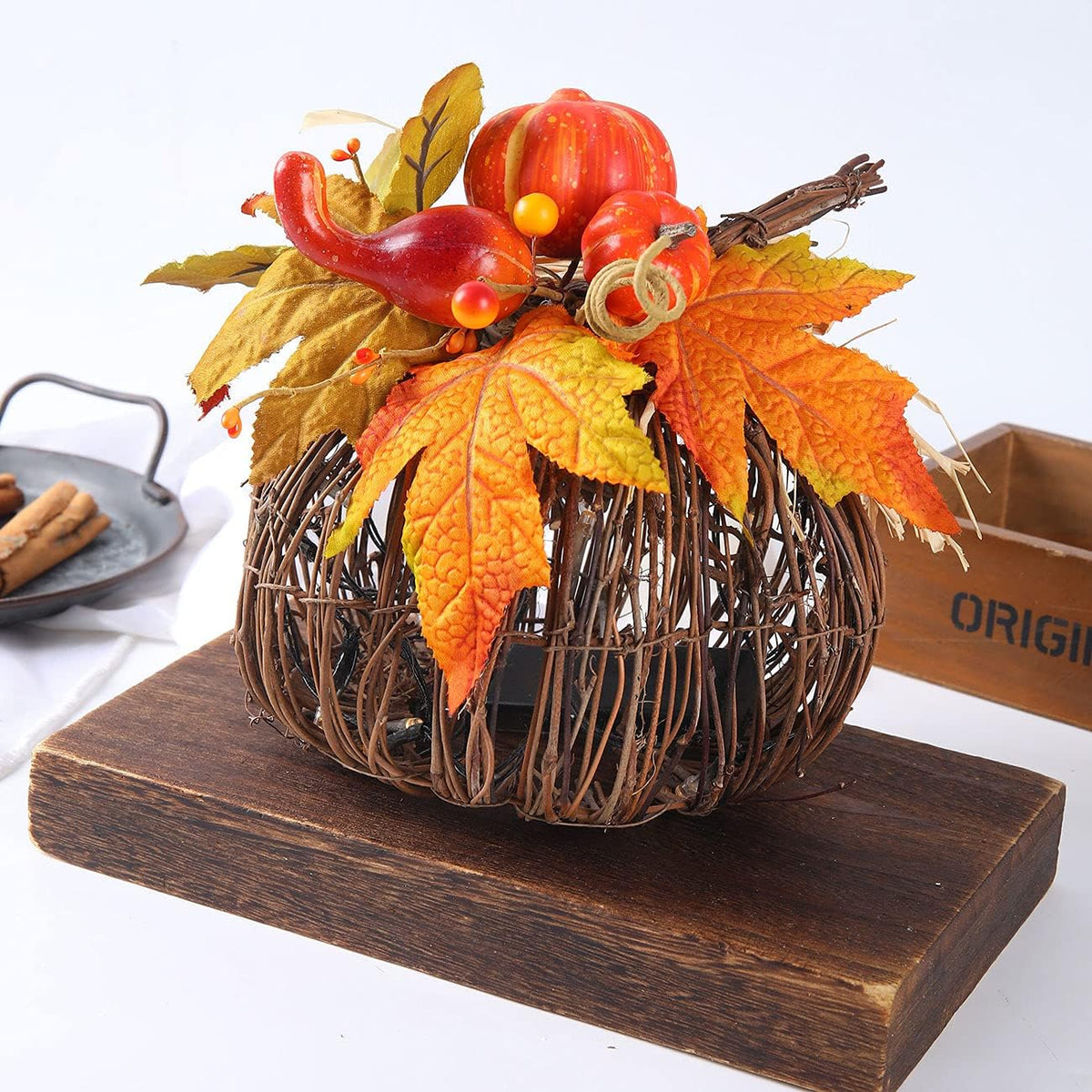 8 Inch Lighted Pumpkin Fall Decor – LED Thanksgiving Decoration with Maple Leaves, Berries, and Pumpkin, Autumn Harvest Centerpiece for Table, Indoor Outdoor Outdoor Pumpkins for Porch Home Display