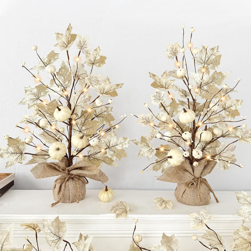 Timer - Fall Decor 2 Pack 18 Inch Lighted Fall Maples Tree 40 LED Lights | Fall Decorations for Home with White Pumpkins Berries Battery Operated Thanksgiving Decoration Autumn Indoor Table Fireplace