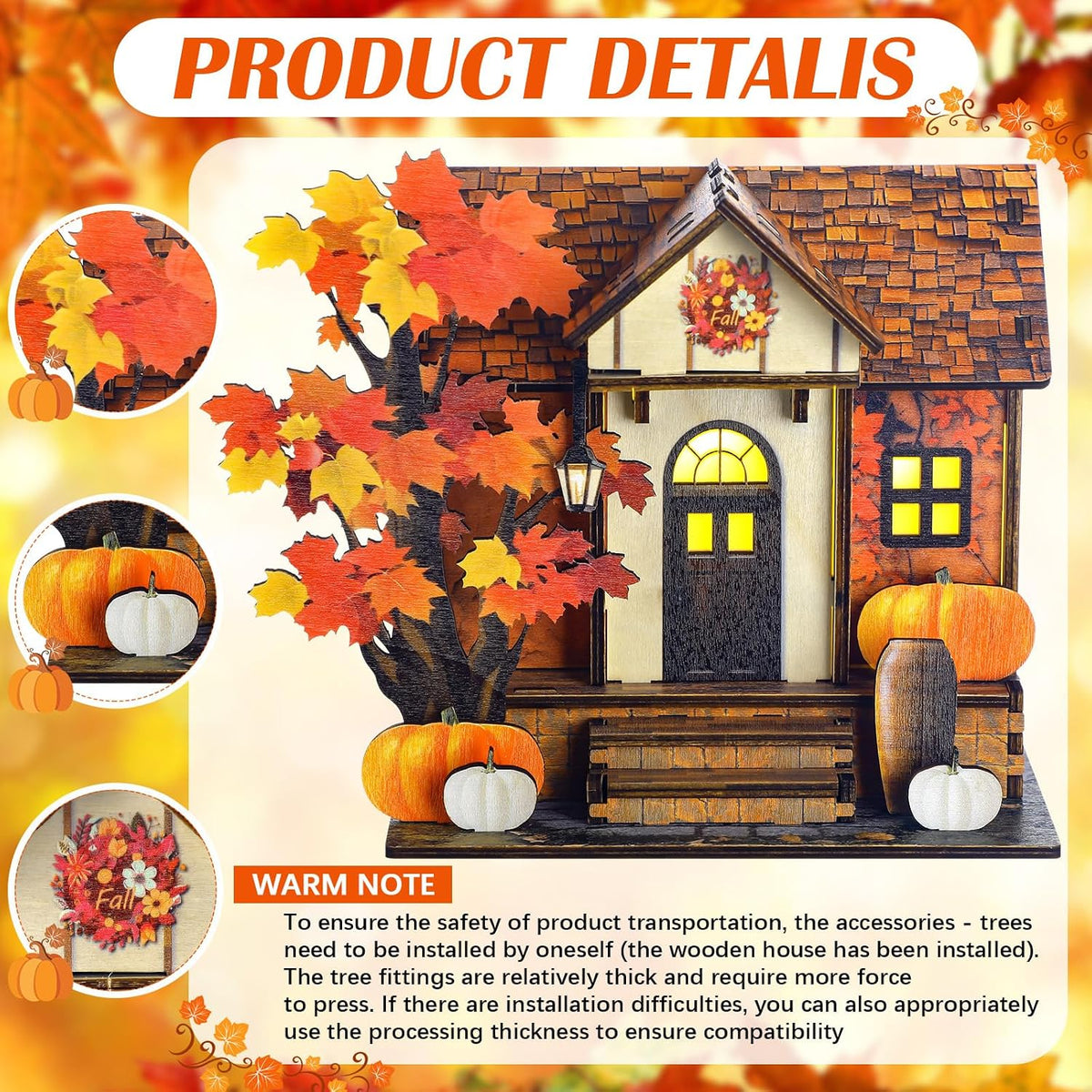 GlikCeil Fall Vintage Light up Pumpkins Cottage Halloween Decor Figurine | Autumn Handcrafted Wood, Glowing Pumpkin Table Decor, LED Harvest Maple House, Rustic Thanksgiving Decor Courtyard Decor