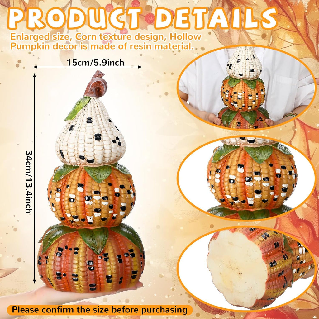 Fall Decorations for Home, Artificial Corn Decorative Pumpkins Figurines | 14'' Fall Stacked Pumpkin Decor, Resin Farmhouse Autumn Table Centerpieces for Thanksgiving Halloween Living Room Indoor