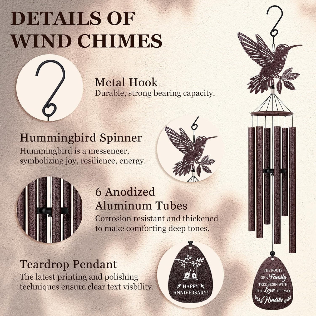 SteadStyle Anniversary Wedding Gifts for Women Men, 37'' Hummingbird Decor | Wind Chime, Romantic Present for Parents, Husband, Wife, Couples, Friends - Anniversary Keepsake