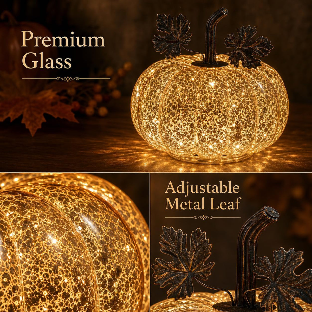Mercury Glass Pumpkin Light with Timer, 6 Inch Gold Battery Operated LED Pumpkin Decor with 10 Warm Fairy Lights, Light Up Fall Halloween Thanksgiving Table Centerpiece for Home Mantel Shelf