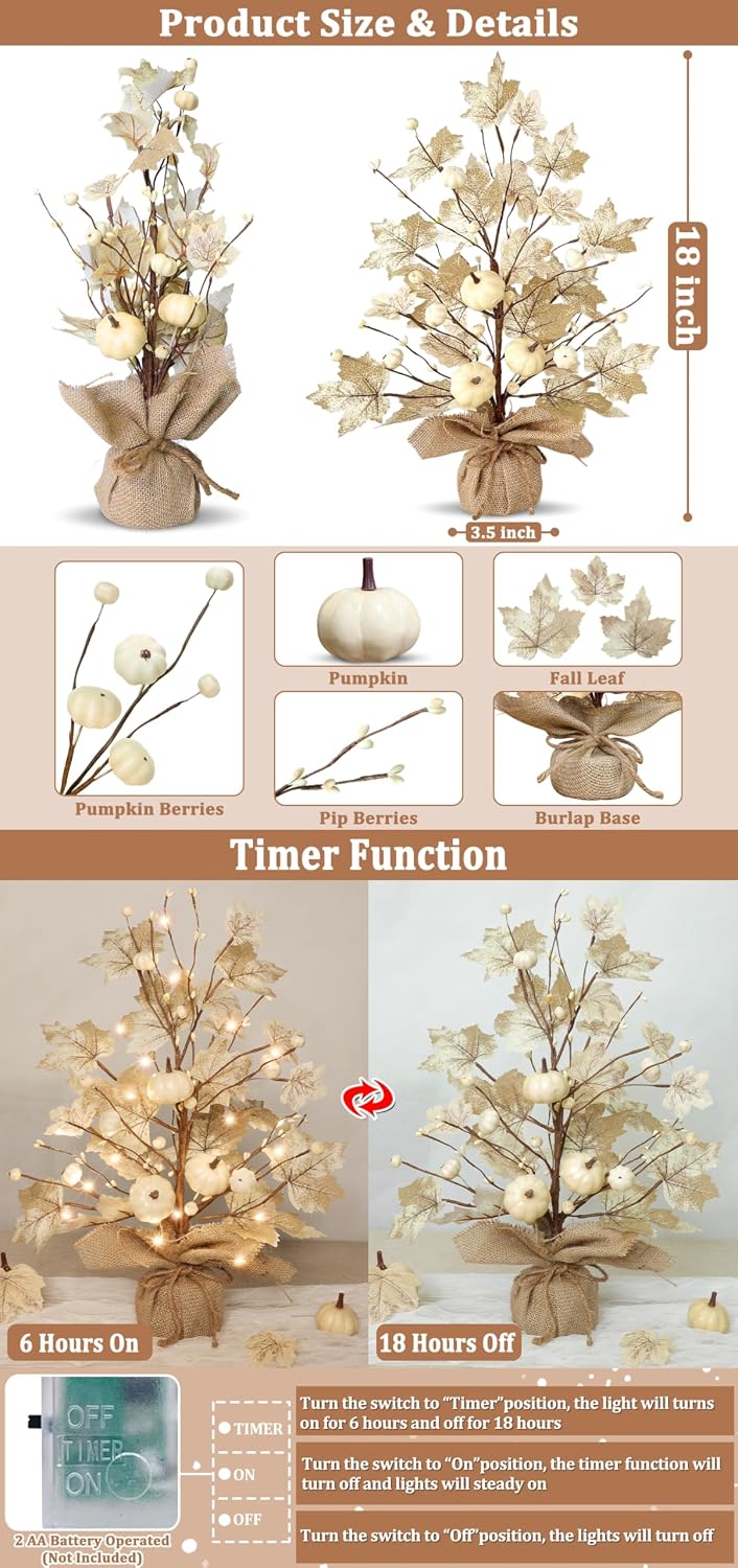 Timer - Fall Decor 2 Pack 18 Inch Lighted Fall Maples Tree 40 LED Lights | Fall Decorations for Home with White Pumpkins Berries Battery Operated Thanksgiving Decoration Autumn Indoor Table Fireplace