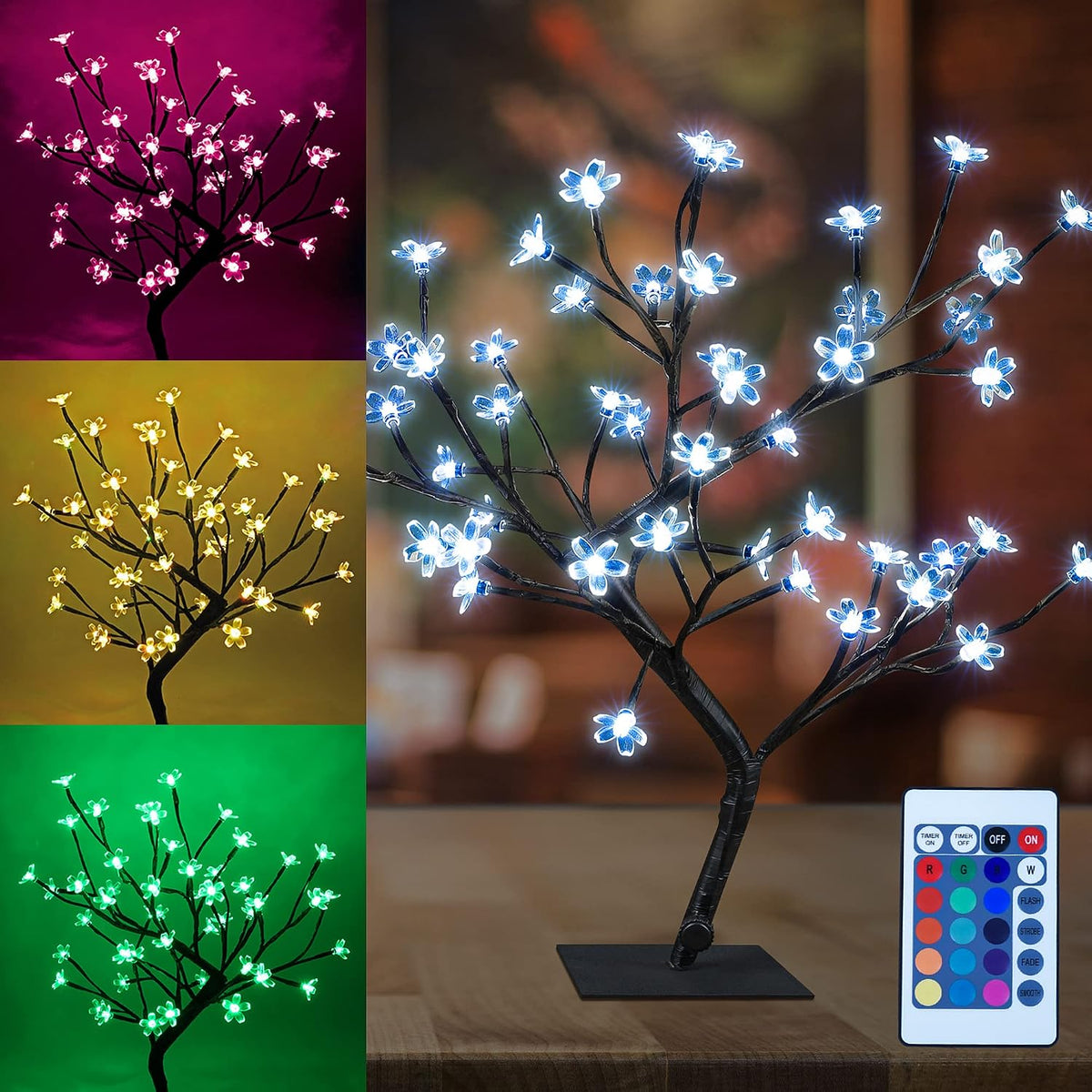 Cherry Blossom Bonsai Tree Light 18IN Tree Lamp with 48 RGB LED and 16 Color Modes Remote Control Japanese Cherry Blossom Decor for Indoor and Outdoor Adapter Plug in Tabletop Lamp UL Listed