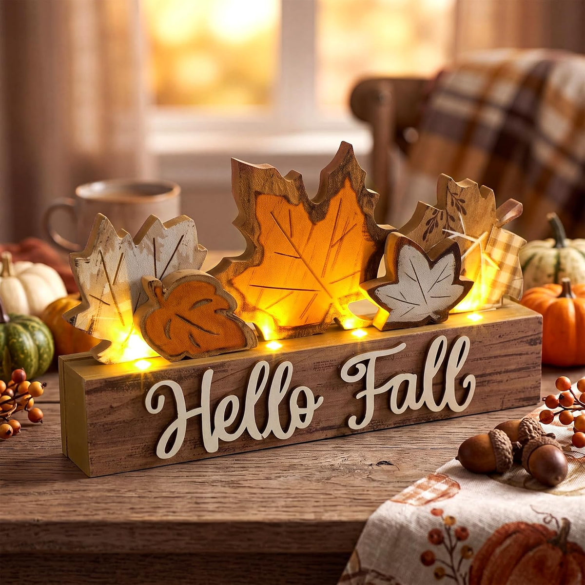 Chunful Lighted Pumpkins Teble Decor Rustic Fall Tabletop Sign | Fall Thanksgiving Table Centerpiece, 7.95×4.49 Inch Lighted Wooden Pumpkin for Home Office Fireplace Harvest Party Decor