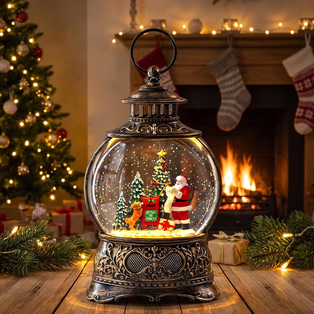 Fall Harvest Snow Globe Lantern, Lighted Autumn Pumpkin Snow Globe with Sunflowers, Scarecrow & Fence, Vintage Tabletop Thanksgiving Decor for Home, Living Room, Mantel, Farmhouse