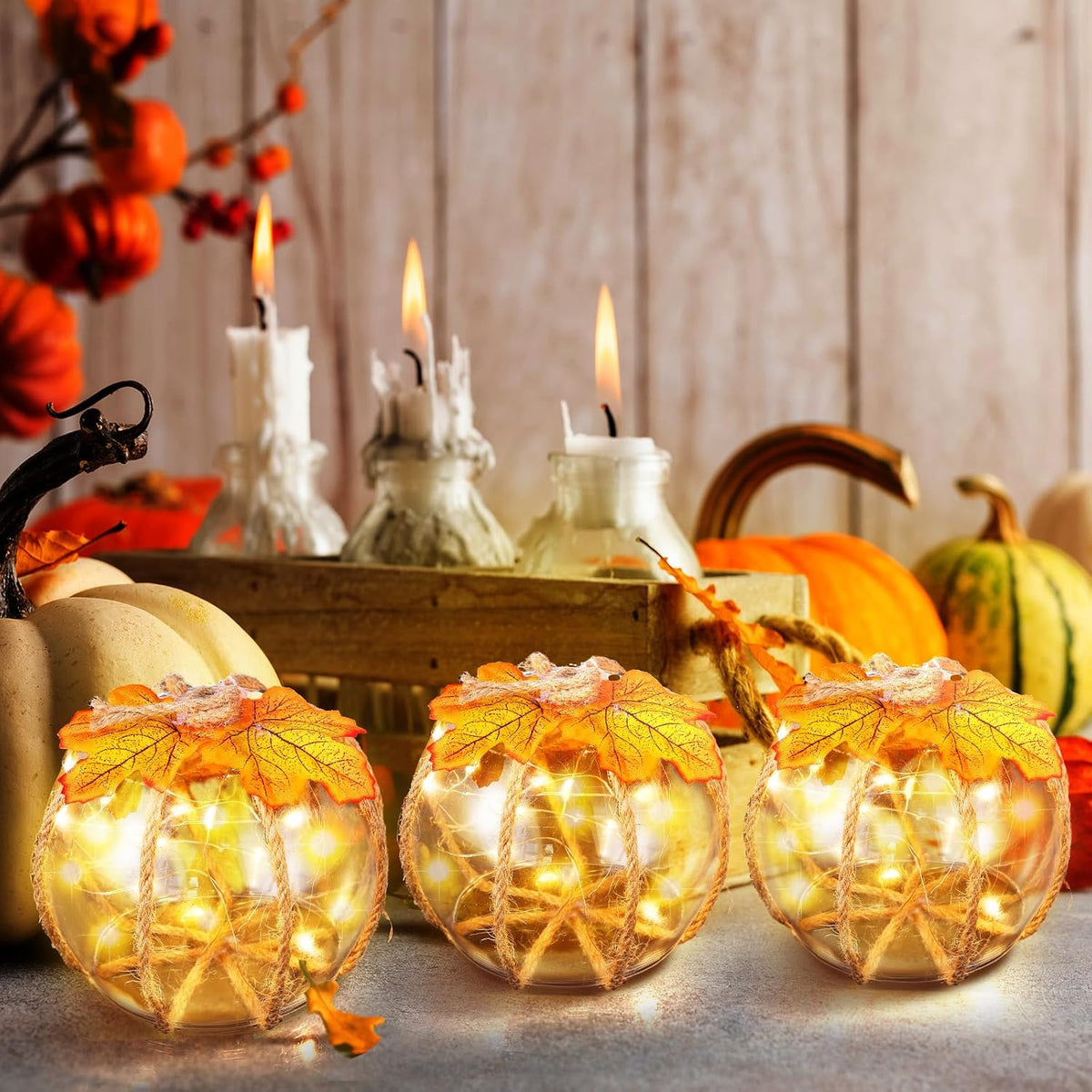 Honeydak Fall Decorations for Home, 3 Pcs Glass Pumpkin Lights with LED | Warm Fairy Starry Lights, for Autumn Harvest, Thanksgiving, Halloween, Mantel, Shelf, Table Centerpiece Decor or Gifts
