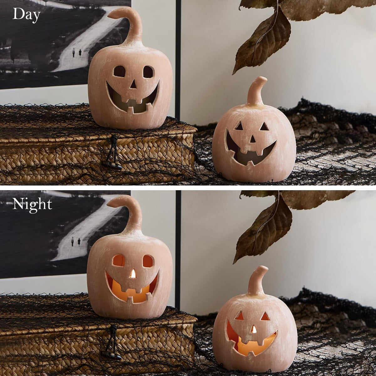 DN DECONATION Halloween Fall Pumpkin Decor, Jack O Lantern Tealight Holders | Terracotta Pumpkin Tea Light Candle Holders, Carved Face, For Fall Halloween Decorations, Farmhouse Table Mantle Decor, 2PCS