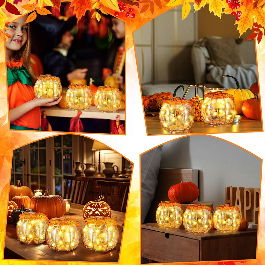 Honeydak Fall Decorations for Home, 3 Pcs Glass Pumpkin Lights with LED | Warm Fairy Starry Lights, for Autumn Harvest, Thanksgiving, Halloween, Mantel, Shelf, Table Centerpiece Decor or Gifts