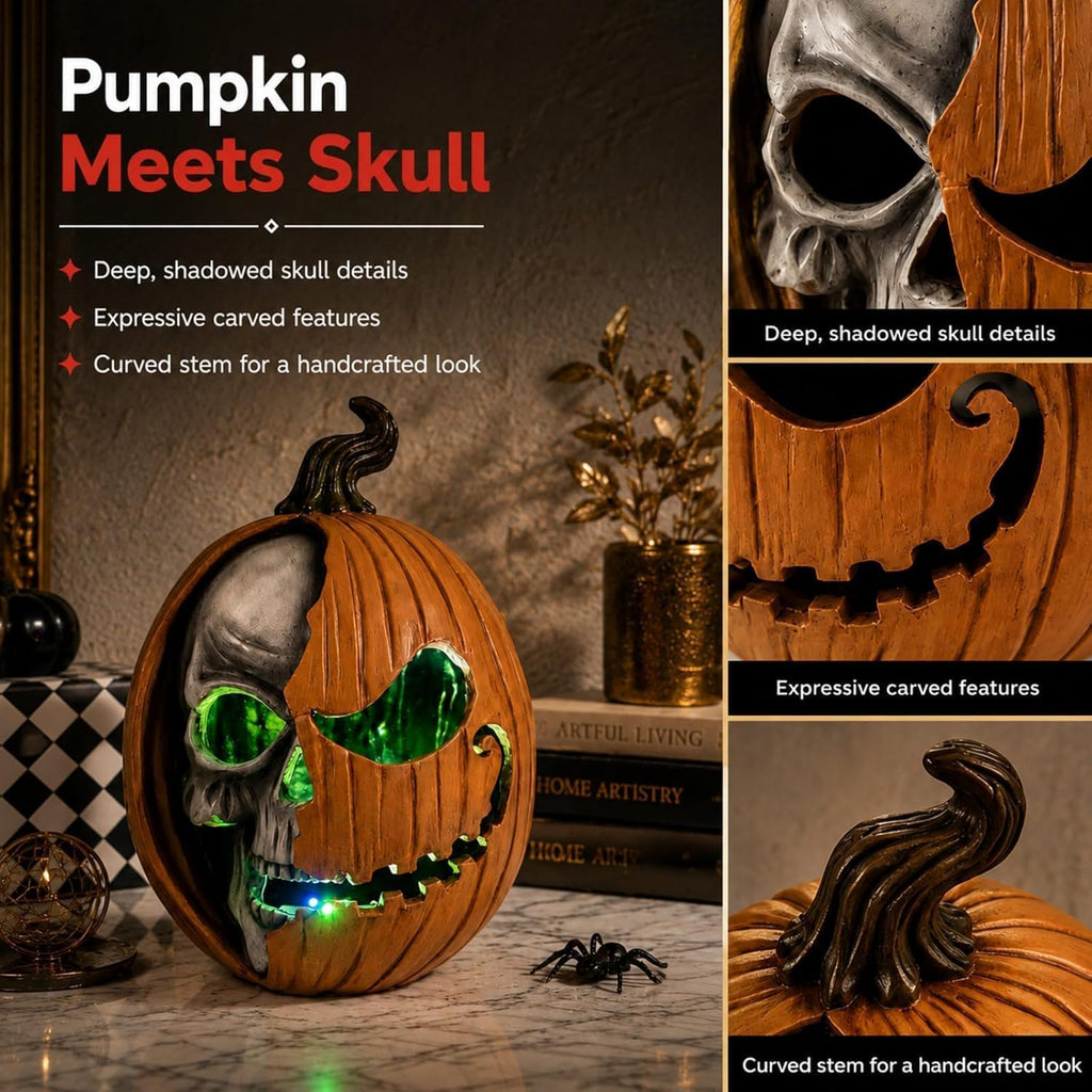 Led Light Up Jack O Lantern, Pumpkin Skull Halloween Decorations for Home | 11 Large Lighted Resin Scary Skeleton Head Figurine, Spooky Decor for Outdoor Front Porch Door, Indoor Table Top, Mantle