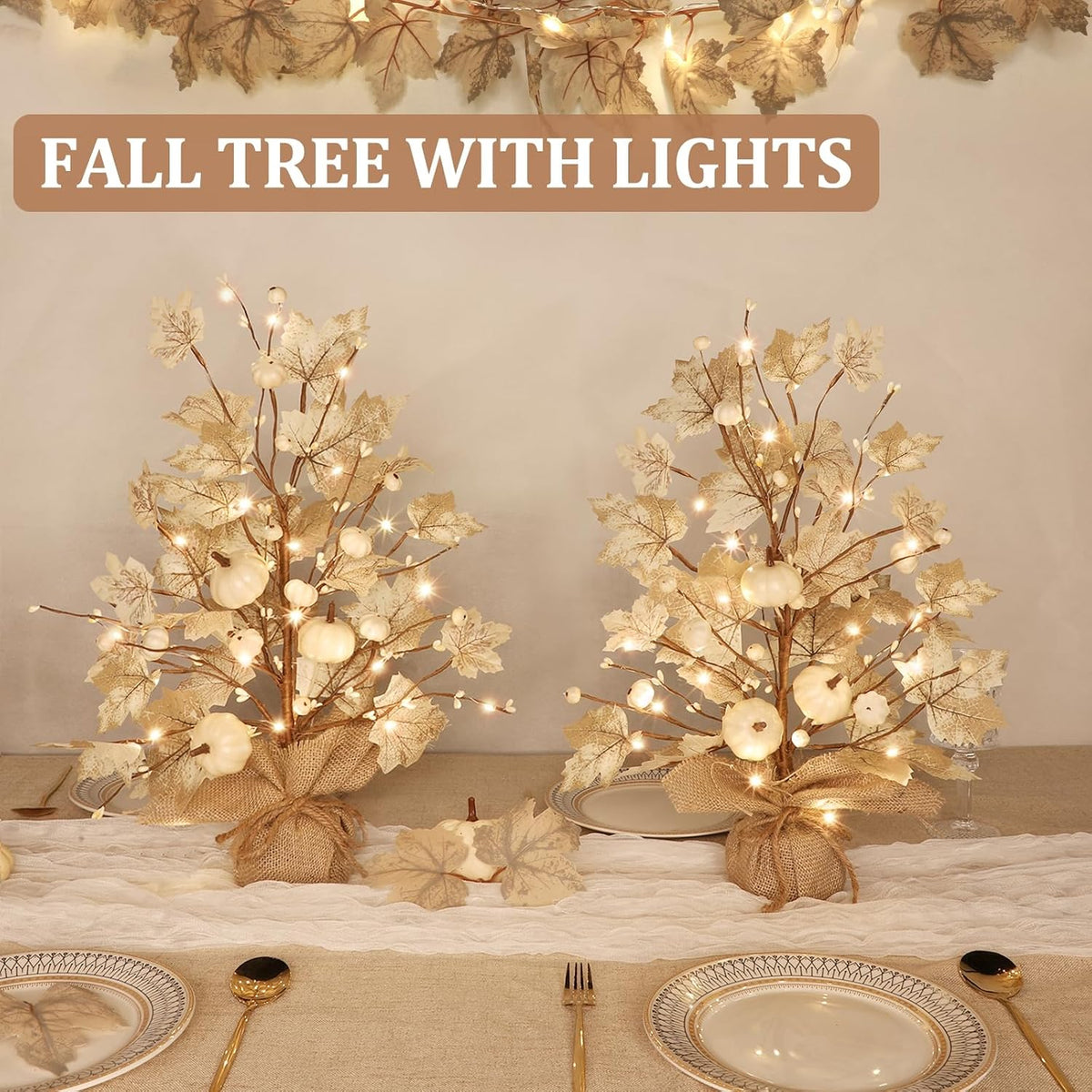 Timer - Fall Decor 2 Pack 18 Inch Lighted Fall Maples Tree 40 LED Lights | Fall Decorations for Home with White Pumpkins Berries Battery Operated Thanksgiving Decoration Autumn Indoor Table Fireplace