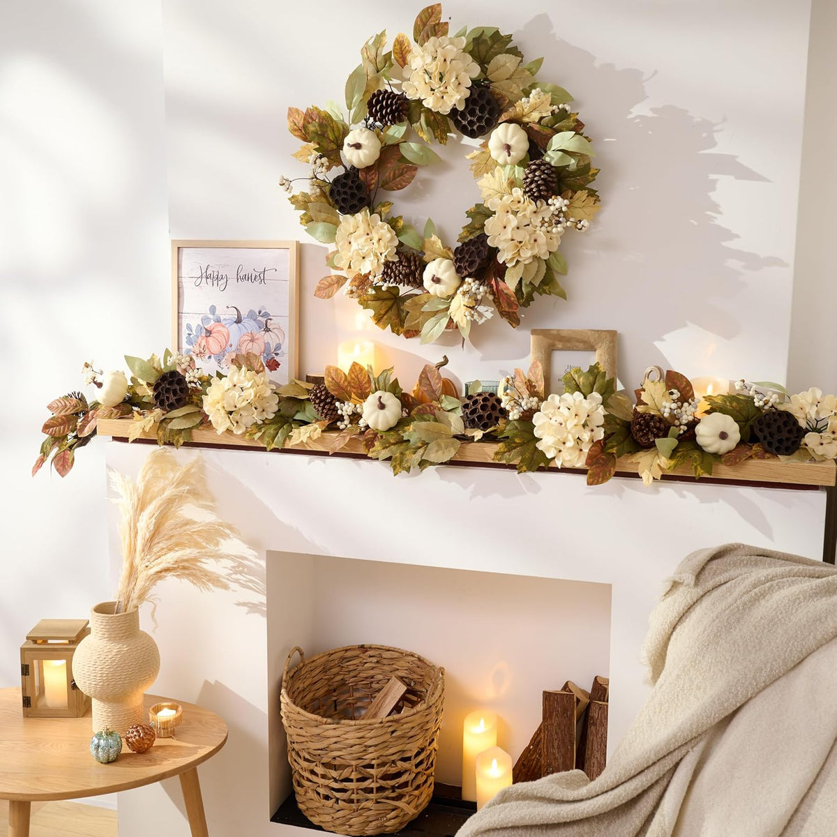 DecorbyHannah 6ft Fall Garland for Mantle with Lights &Pumpkin Maple Leaves | Pre-Lit Harvest Autumn Thanksgiving Pinecone Lotus Lighted Garland Fall Decorations for Home Front Door Table Porch Outdoor