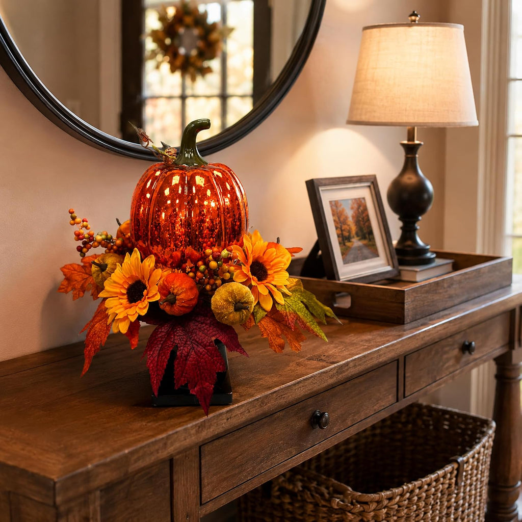 Svndlyn 15 Inch Lighted Fall Pumpkin Arrangement with Pumpkin, Daisies | 15 LEDs with Mercury Glass-Style Pumpkin, Mini Pumpkins, Maple Leaves and Berry Clusters for Fall Thanksgiving Harvest Decor