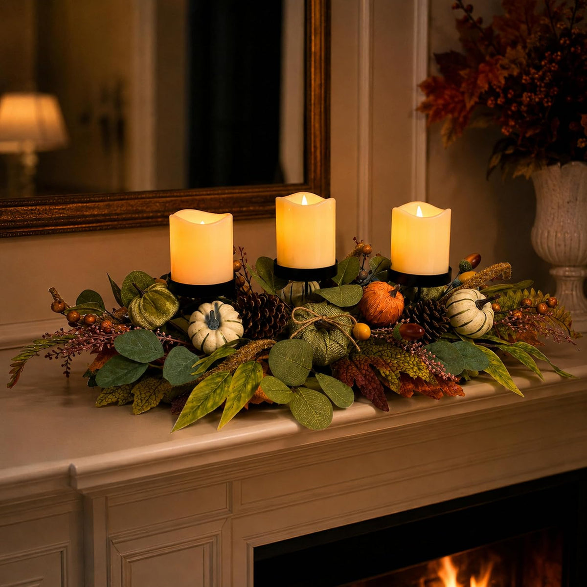 Svndlyn 26 Inch Fall Candle Holder Centerpiece with Pumpkins Pinecones | Three Black Candle Cups with Eucalyptus Leaves, Acorn and Berry Accents for Fall, Harvest and Thanksgiving Decor