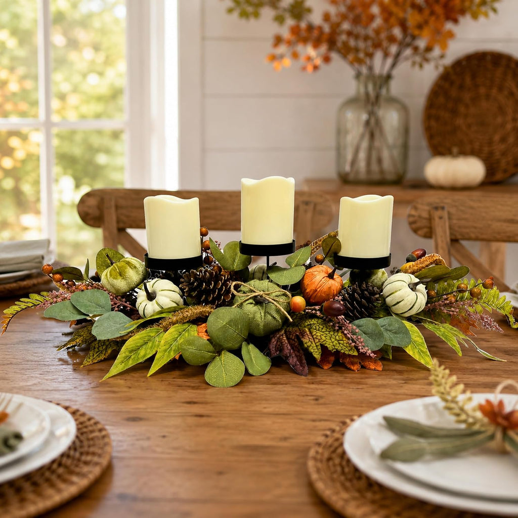 Svndlyn 26 Inch Fall Candle Holder Centerpiece with Pumpkins Pinecones | Three Black Candle Cups with Eucalyptus Leaves, Acorn and Berry Accents for Fall, Harvest and Thanksgiving Decor