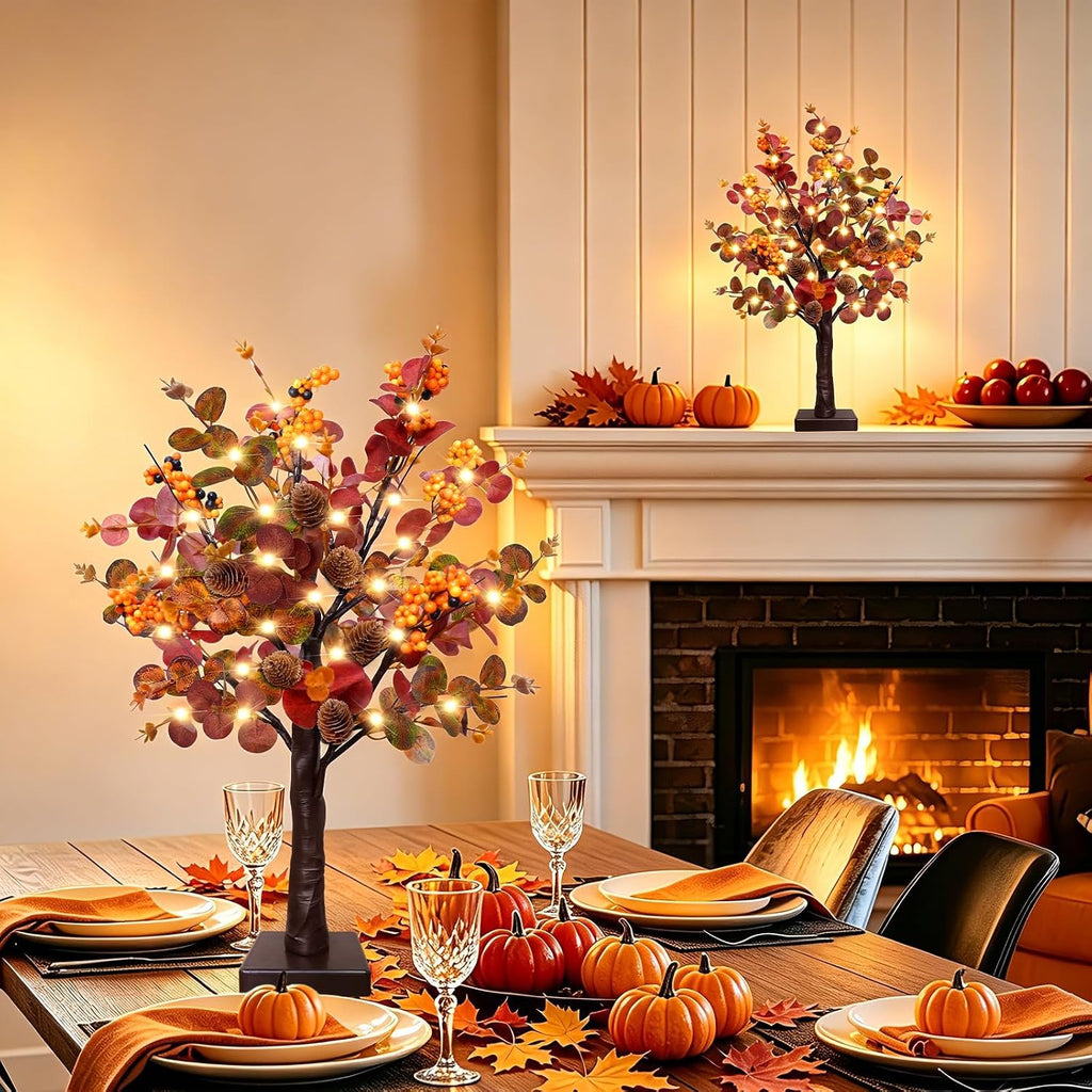 TURNMEON Fall Decor 2 Pack 18 Inch Tabletop Prelit Fall Trees 48 LED Timer | Fall Decorations for Home, Battery Operated, Maple Tree 288 Eucalyptus Leafed 12 Acorns Berried, Thanksgiving Table Decor