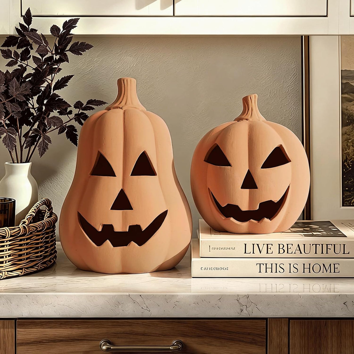 Halloween Decorations, Set of 2 Handmade Terracotta Jack O' Lanterns | Cozy Fall Decor for Home, Indoor Outdoor Autumn Farmhouse Decor for Porch, Front Door, Mantel, Table Centerpiece