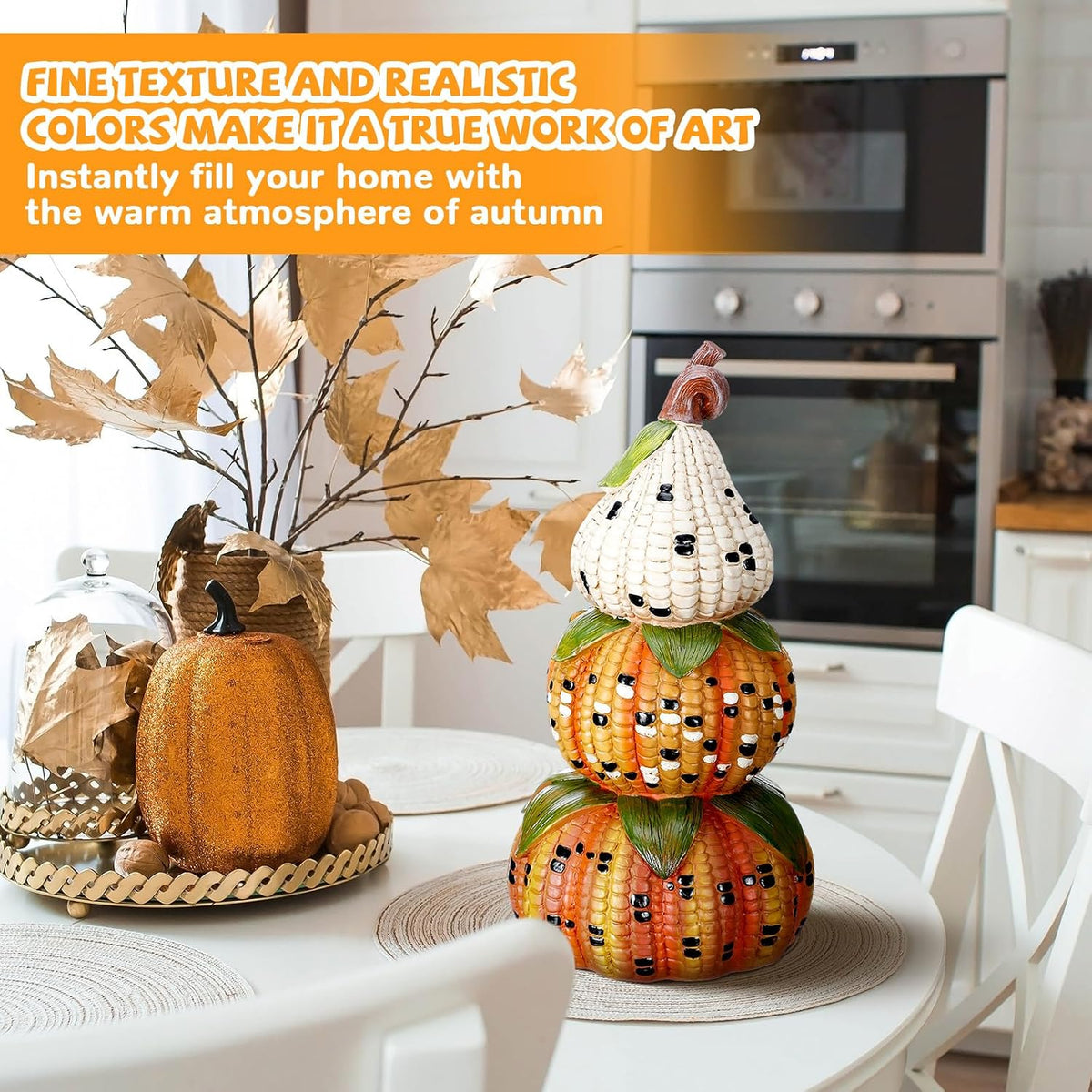 Fall Decorations for Home, Artificial Corn Decorative Pumpkins Figurines | 14'' Fall Stacked Pumpkin Decor, Resin Farmhouse Autumn Table Centerpieces for Thanksgiving Halloween Living Room Indoor
