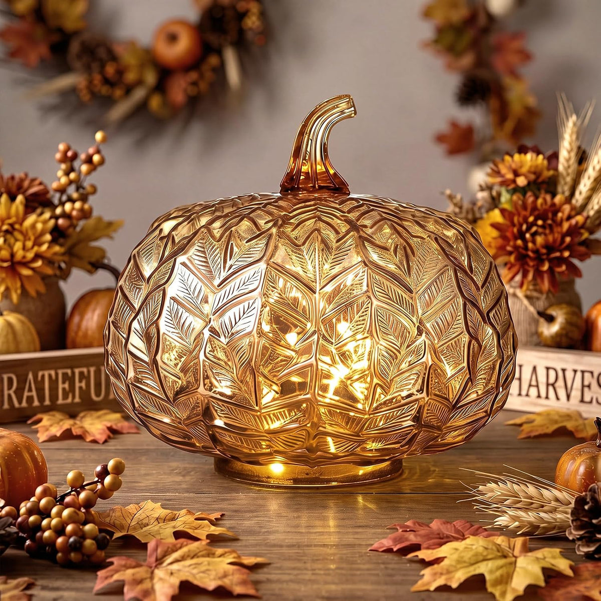 Anglechic Fall Glass Pumpkin Light up with Timer, Gourd, 5.7 x 8.9 in | LED Pumpkin Fall Decoration for Home Mantel, Autumn Thanksgiving Night Lights, Rustic Decor Lamp Table Centerpiece Decoration