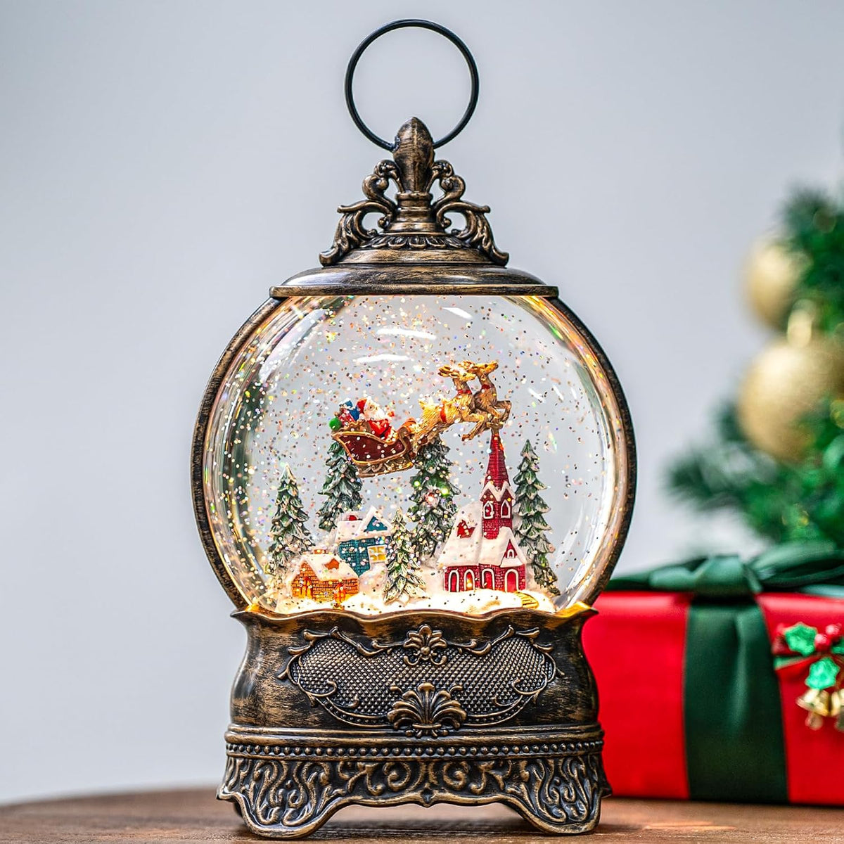 Fall Harvest Snow Globe Lantern, Lighted Autumn Pumpkin Snow Globe with Sunflowers, Scarecrow & Fence, Vintage Tabletop Thanksgiving Decor for Home, Living Room, Mantel, Farmhouse