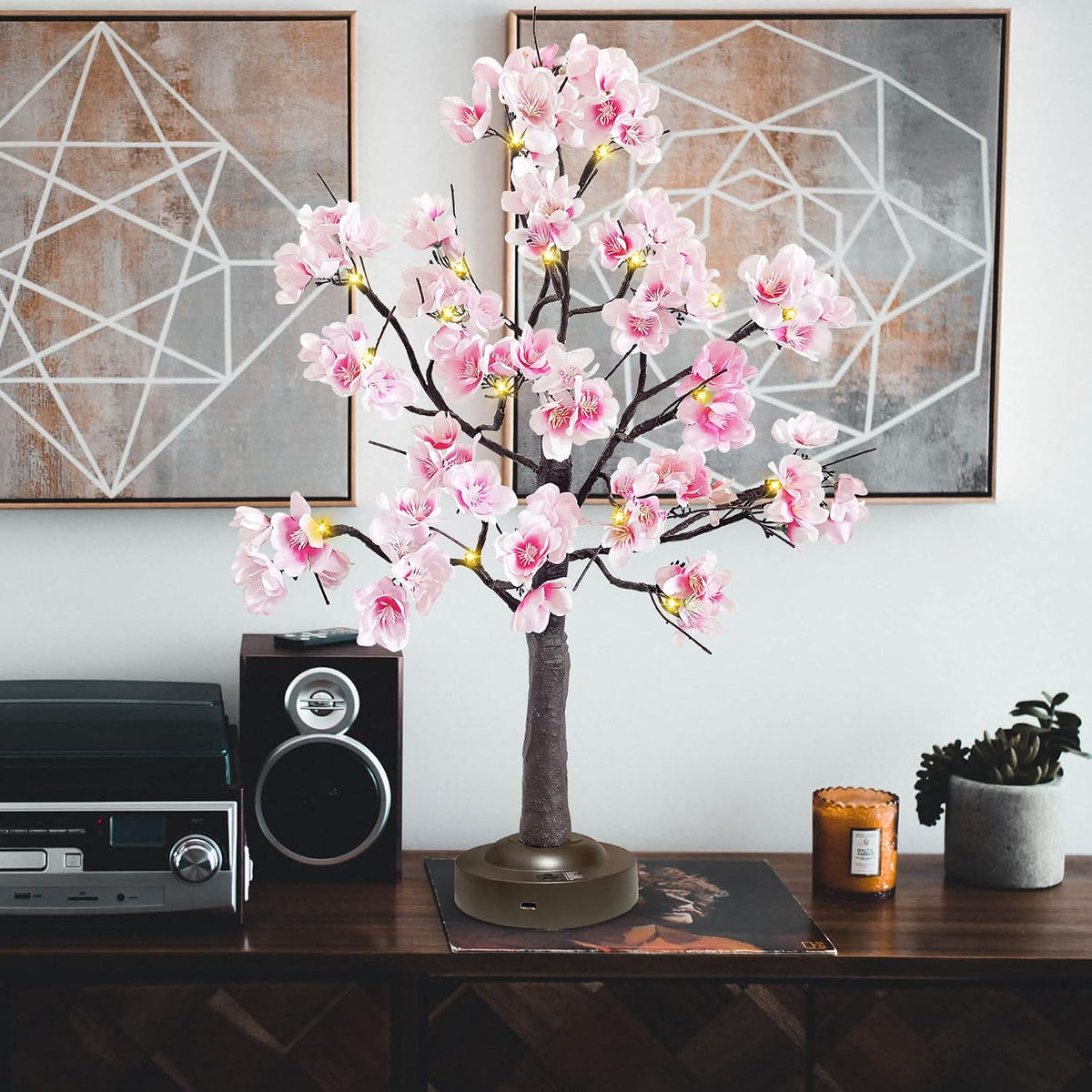 JOINTWIN Cherry Blossom Tree Light 24 Led Pink Flower Artificial Tabletop Tree Battery and USB Operated 8 Lighting Modes with Timer Function for Spring Home Decoration(Warm White)