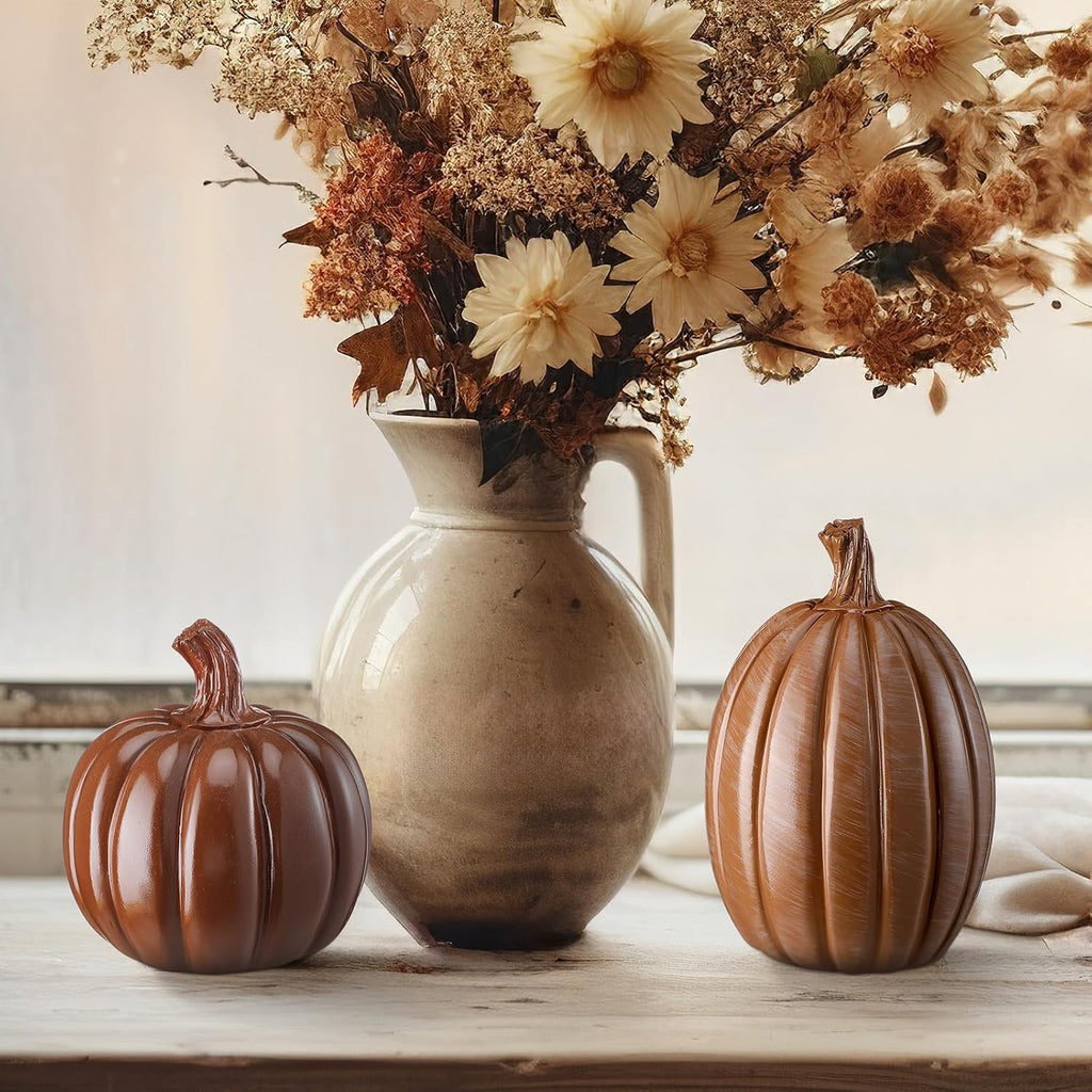 Vicenpal 2 Pcs Fall Pumpkin Decor Resin Pumpkin Table Decor, Brown, Glossy | Fall Table Centerpieces, Brown Pumpkins Figurine, Farmhouse Rustic, Thanksgiving Decor, Autumn Halloween Tabletop Mantel Home