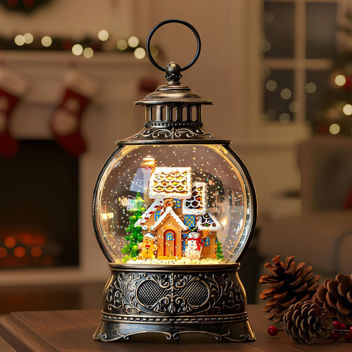 Fall Harvest Snow Globe Lantern, Lighted Autumn Pumpkin Snow Globe with Sunflowers, Scarecrow & Fence, Vintage Tabletop Thanksgiving Decor for Home, Living Room, Mantel, Farmhouse