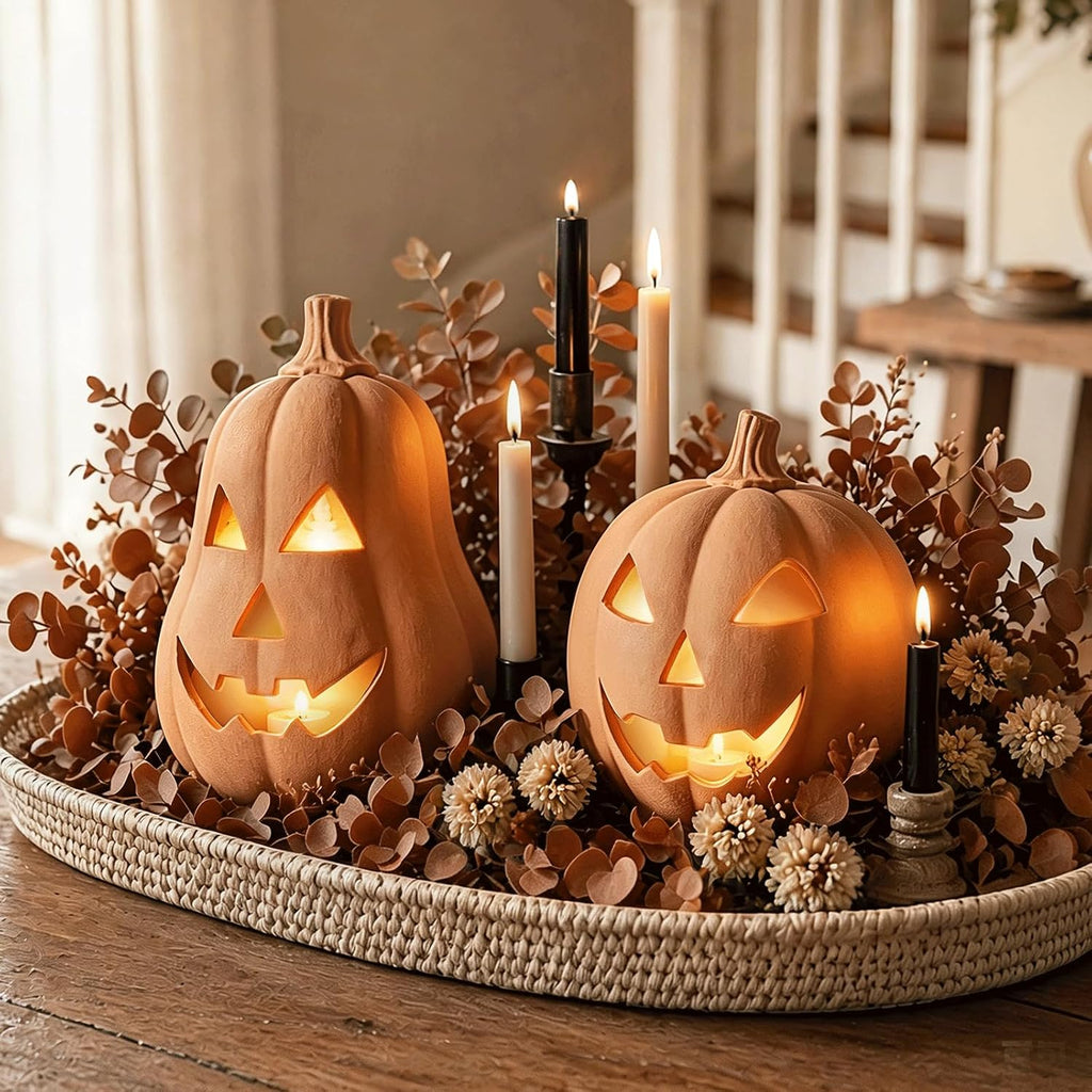 Halloween Decorations, Set of 2 Handmade Terracotta Jack O' Lanterns | Cozy Fall Decor for Home, Indoor Outdoor Autumn Farmhouse Decor for Porch, Front Door, Mantel, Table Centerpiece