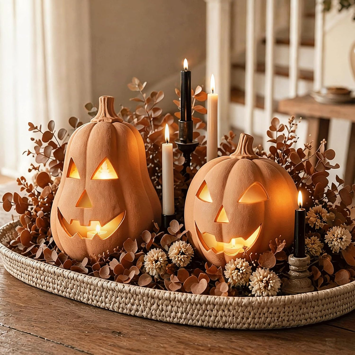 Halloween Decorations, Set of 2 Handmade Terracotta Jack O' Lanterns | Cozy Fall Decor for Home, Indoor Outdoor Autumn Farmhouse Decor for Porch, Front Door, Mantel, Table Centerpiece