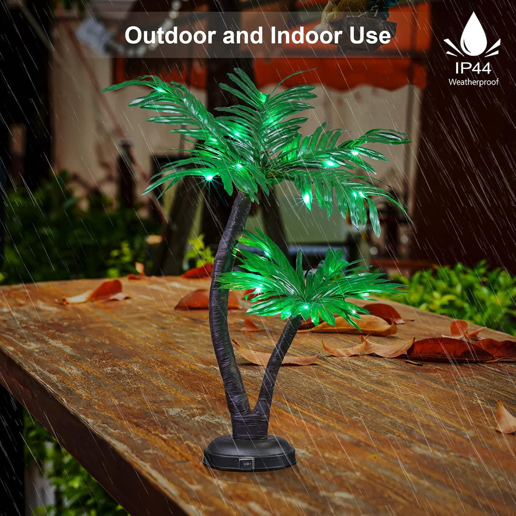 24 Lighted Palm Tree Decor, Tropical Tabletop LED Palm Tree Light with 25 Green LEDs, Battery Powered & Low Voltage Input, 6H Timer, Frosted Metal Base for Tiki Bar, Party, Bedroom