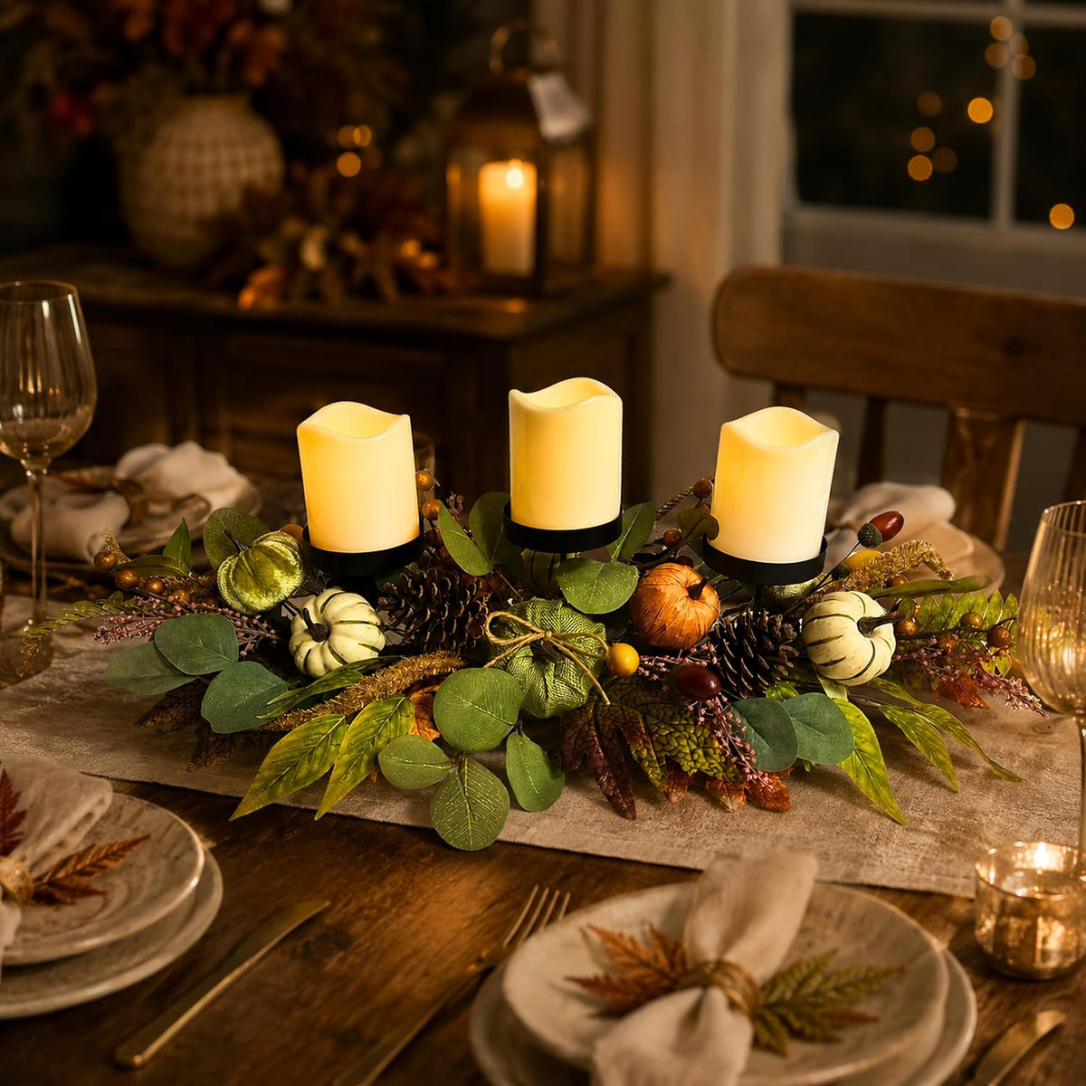 Svndlyn 26 Inch Fall Candle Holder Centerpiece with Pumpkins Pinecones | Three Black Candle Cups with Eucalyptus Leaves, Acorn and Berry Accents for Fall, Harvest and Thanksgiving Decor