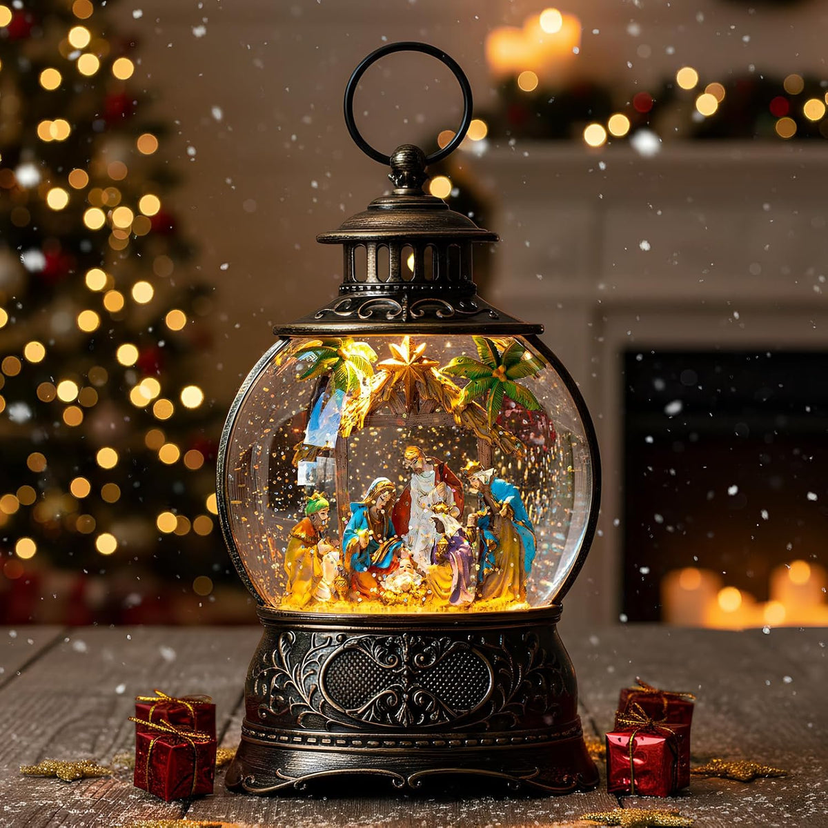 Fall Harvest Snow Globe Lantern, Lighted Autumn Pumpkin Snow Globe with Sunflowers, Scarecrow & Fence, Vintage Tabletop Thanksgiving Decor for Home, Living Room, Mantel, Farmhouse