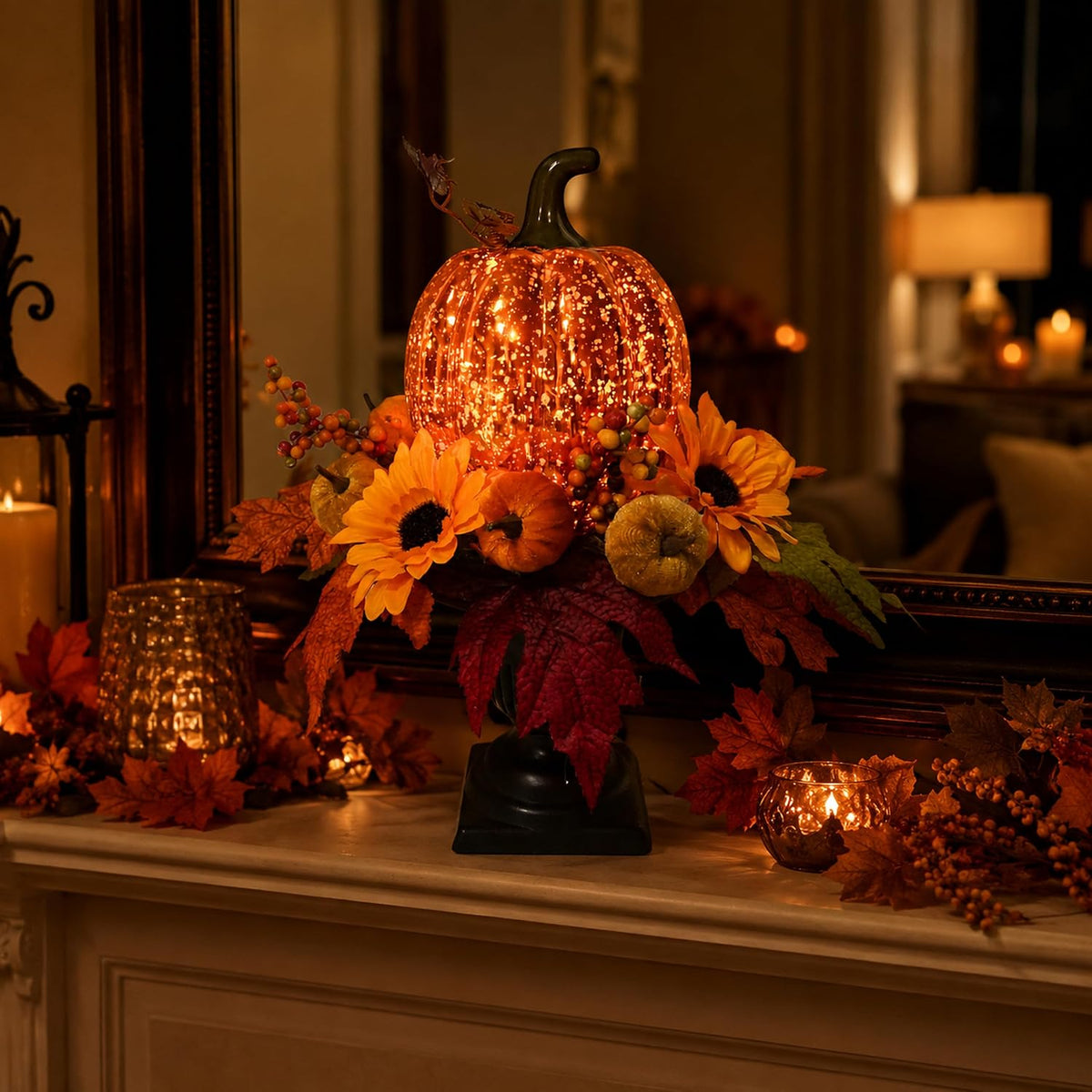 Svndlyn 15 Inch Lighted Fall Pumpkin Arrangement with Pumpkin, Daisies | 15 LEDs with Mercury Glass-Style Pumpkin, Mini Pumpkins, Maple Leaves and Berry Clusters for Fall Thanksgiving Harvest Decor