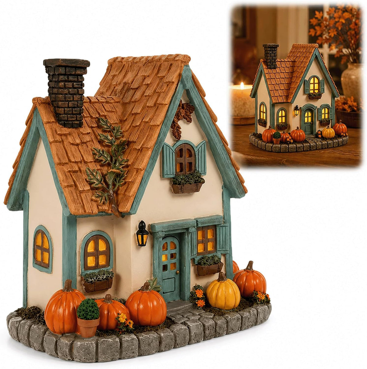 Vintage Light-Up Pumpkins Cottage, LED Fall Harvest Tabletop Decor (Dark Brown)