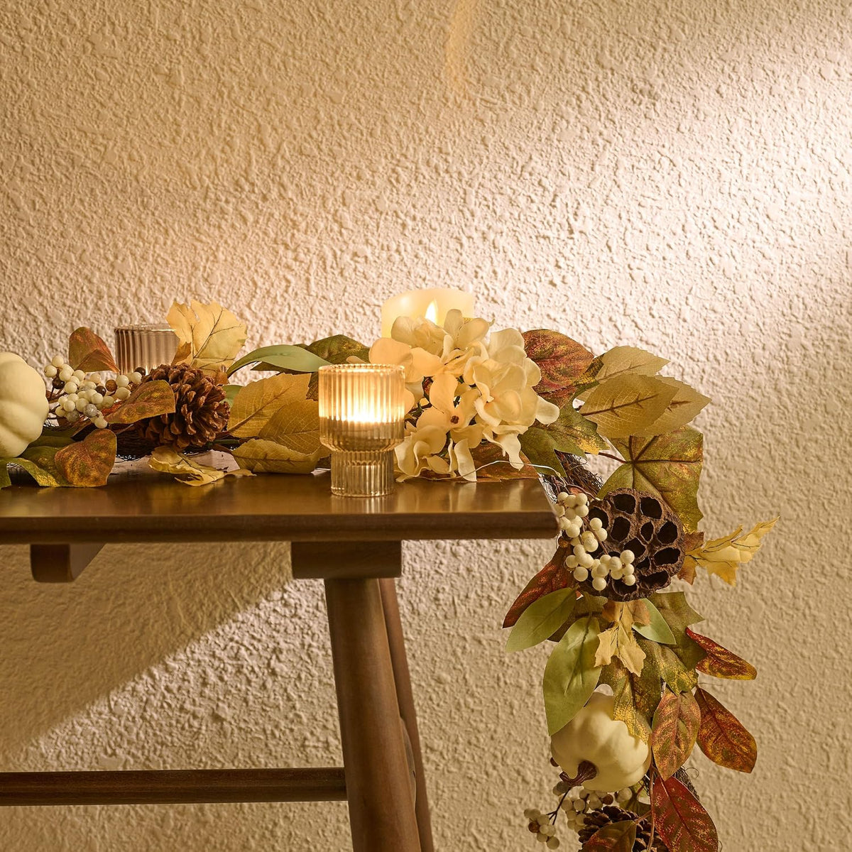 DecorbyHannah 6ft Fall Garland for Mantle with Lights &Pumpkin Maple Leaves | Pre-Lit Harvest Autumn Thanksgiving Pinecone Lotus Lighted Garland Fall Decorations for Home Front Door Table Porch Outdoor
