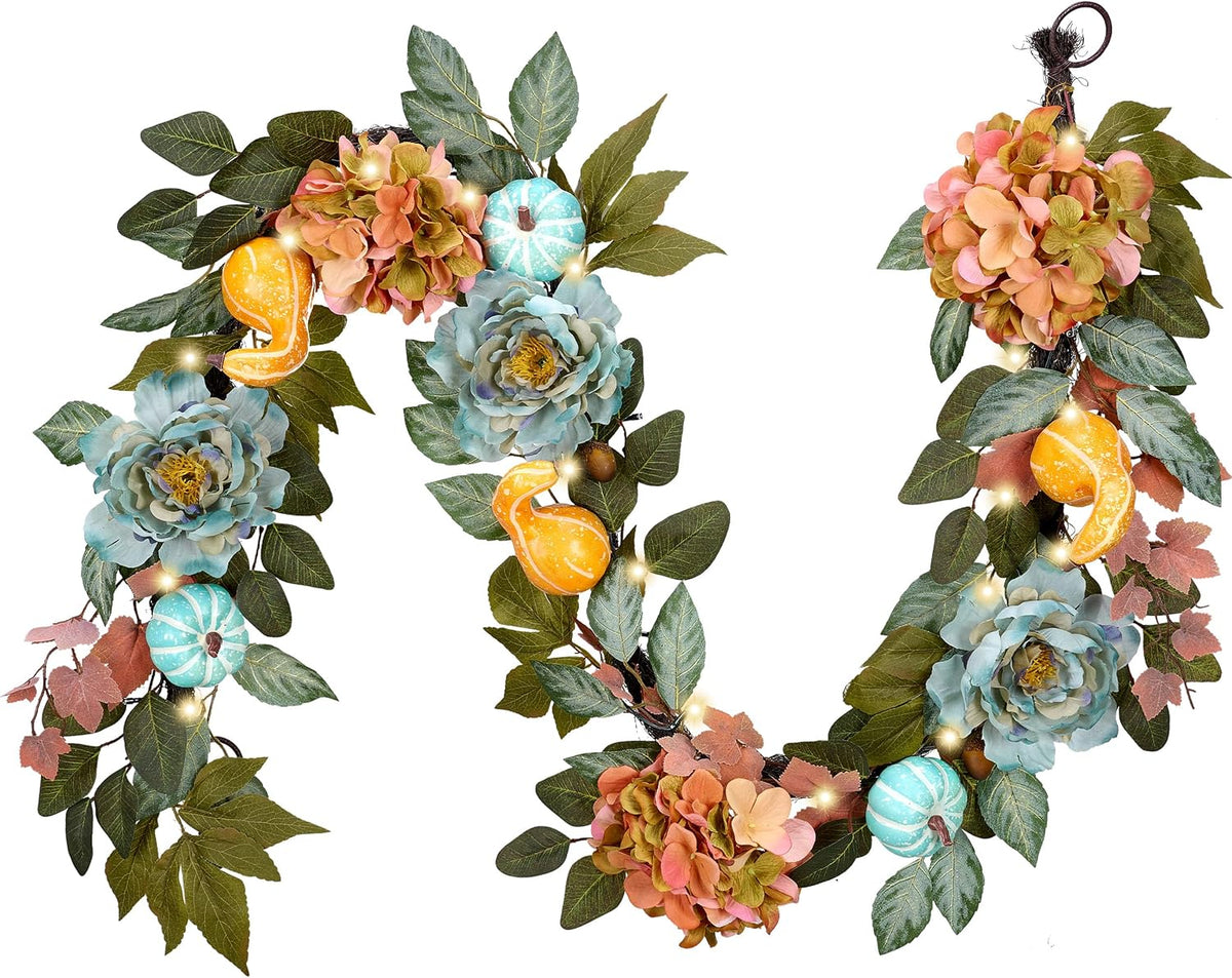 DecorbyHannah 6ft Fall Garland for Mantle with Lights & Pumpkin Hydrangea | Pre-Lit Harvest Autumn Thanksgiving Artificial Floral Blue Peony Garland Fall Decorations for Home Door Table Porch Outdoor