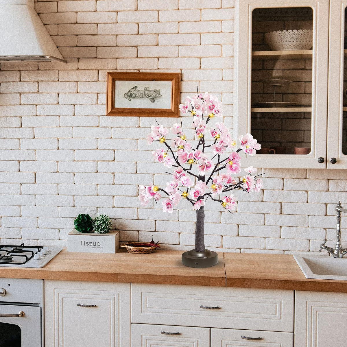 JOINTWIN Cherry Blossom Tree Light 24 Led Pink Flower Artificial Tabletop Tree Battery and USB Operated 8 Lighting Modes with Timer Function for Spring Home Decoration(Warm White)