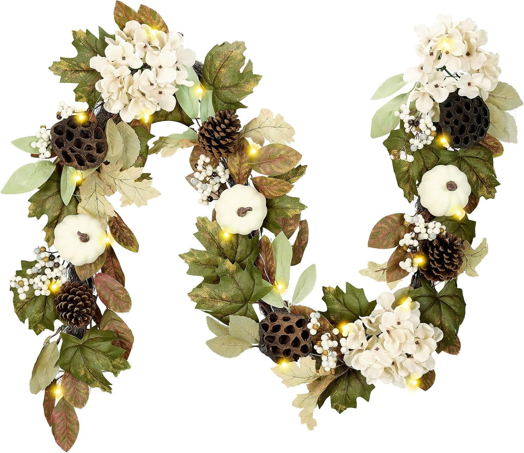 DecorbyHannah 6ft Fall Garland for Mantle with Lights &Pumpkin Maple Leaves | Pre-Lit Harvest Autumn Thanksgiving Pinecone Lotus Lighted Garland Fall Decorations for Home Front Door Table Porch Outdoor