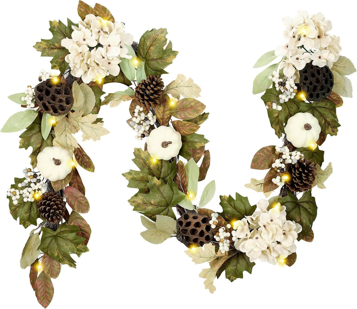 DecorbyHannah 6ft Fall Garland for Mantle with Lights &Pumpkin Maple Leaves | Pre-Lit Harvest Autumn Thanksgiving Pinecone Lotus Lighted Garland Fall Decorations for Home Front Door Table Porch Outdoor